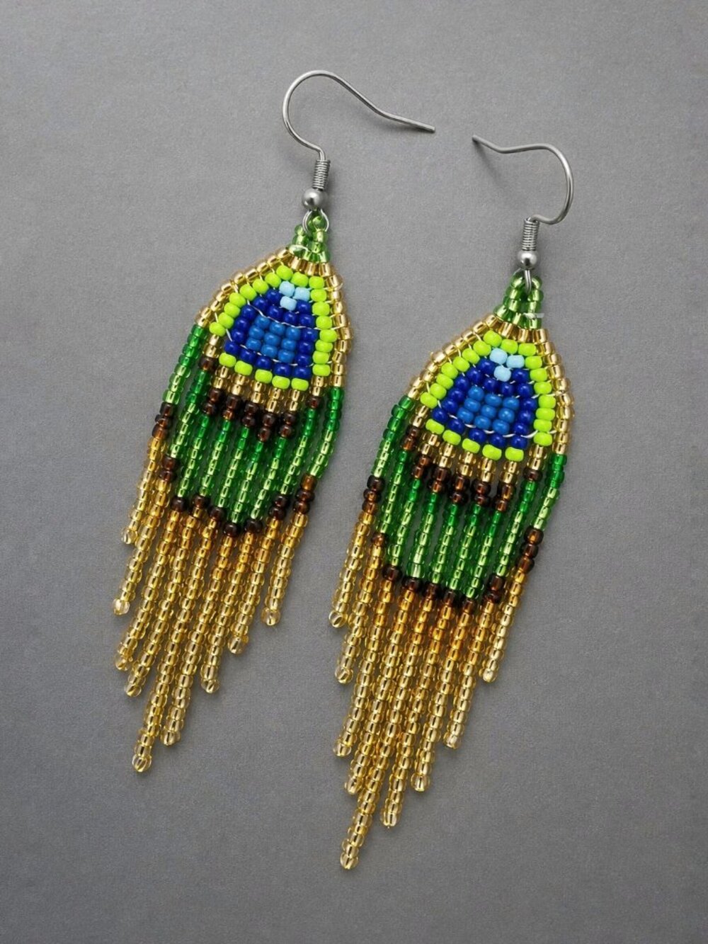 Peacock Boho Fringe Beaded Earrings Handmade Jewelry Tribal BohemeCrafted from